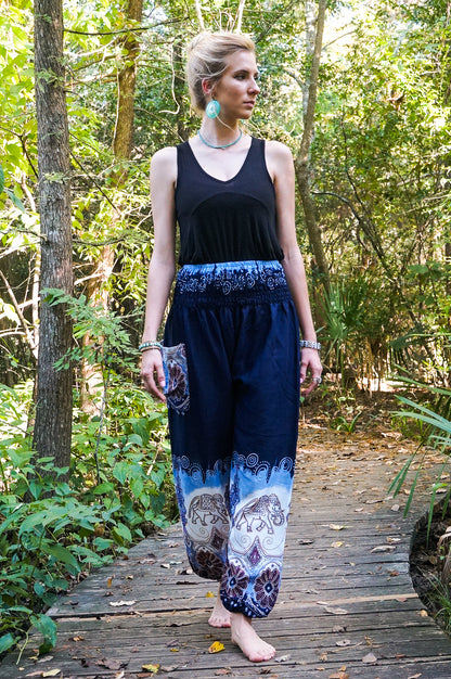 Blue ELEPHANT women’s boho yoga pants by Tan Smokey featuring a relaxed fit and hippie style with elephant print design.