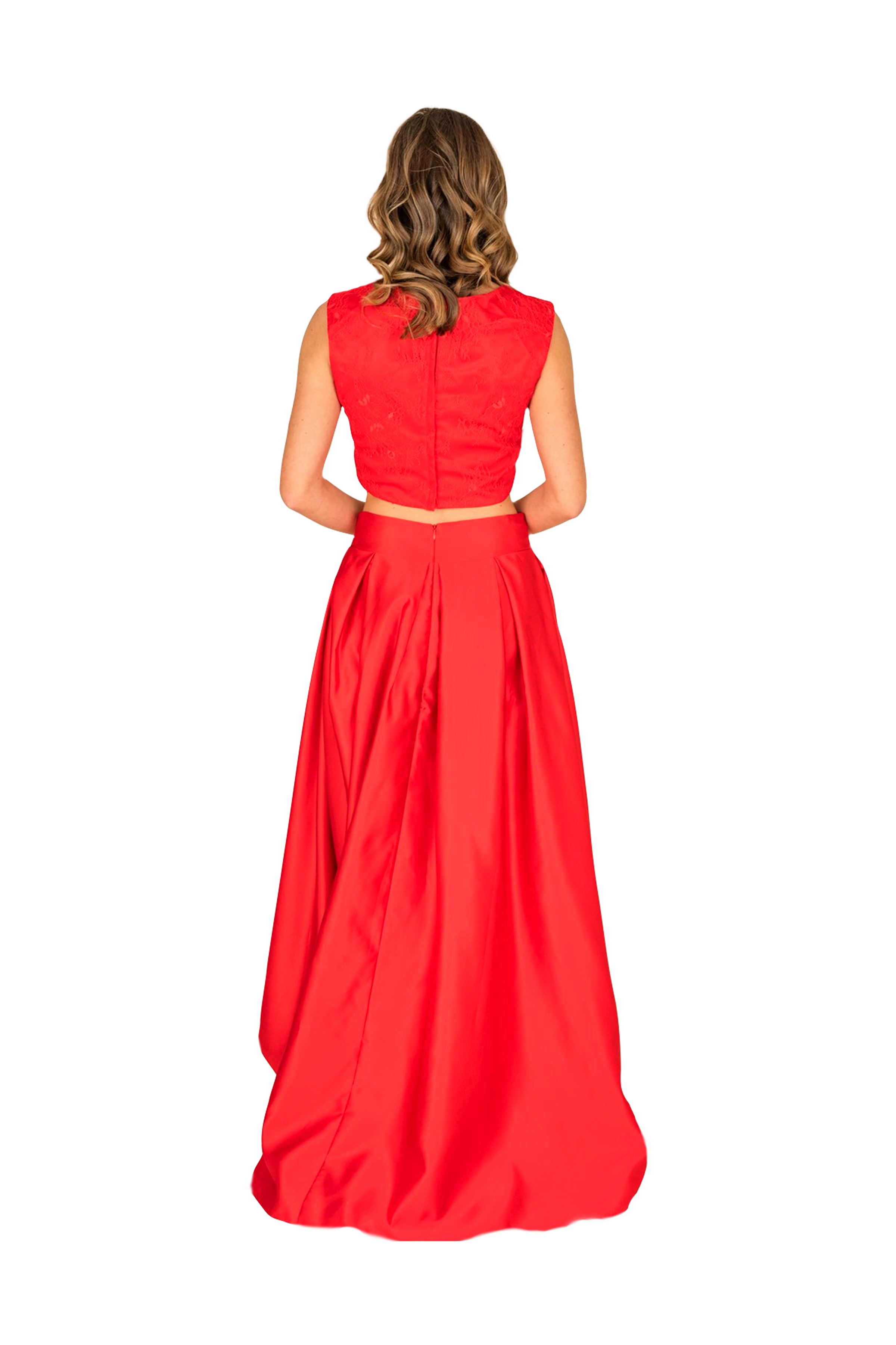 Gray Eos formal train skirt and lace top combo displayed on a model, showcasing elegant skirt details and delicate lace top.