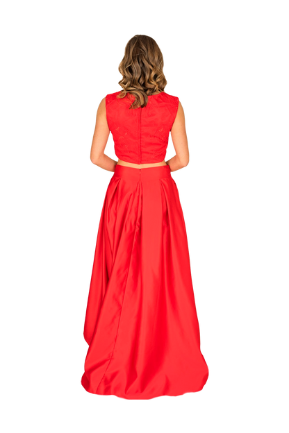 Gray Eos formal train skirt and lace top combo displayed on a model, showcasing elegant skirt details and delicate lace top.