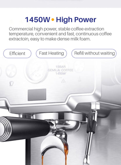 Stainless steel Teal Simba espresso coffee maker for home use, with a compact design and brewing handle visible.