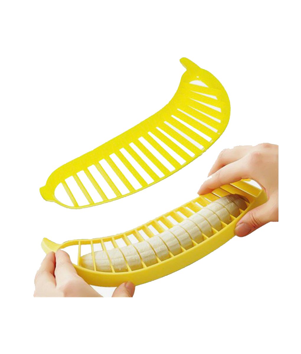 Fuchsia Molly banana slicer set with two home decor tools, designed for quick and even banana slicing in the kitchen.