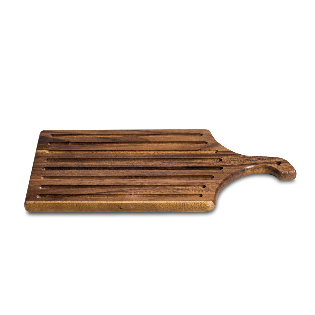 Azure Lily acacia wood slotted bread board, 10x18 inches, ideal for slicing and serving bread in the kitchen.