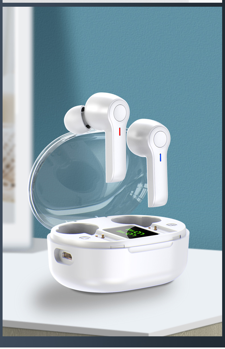 Teal Simba LED display wireless earbuds with TWS 5.0 Bluetooth earphones and sleek charging case, showcasing modern tech accessories.