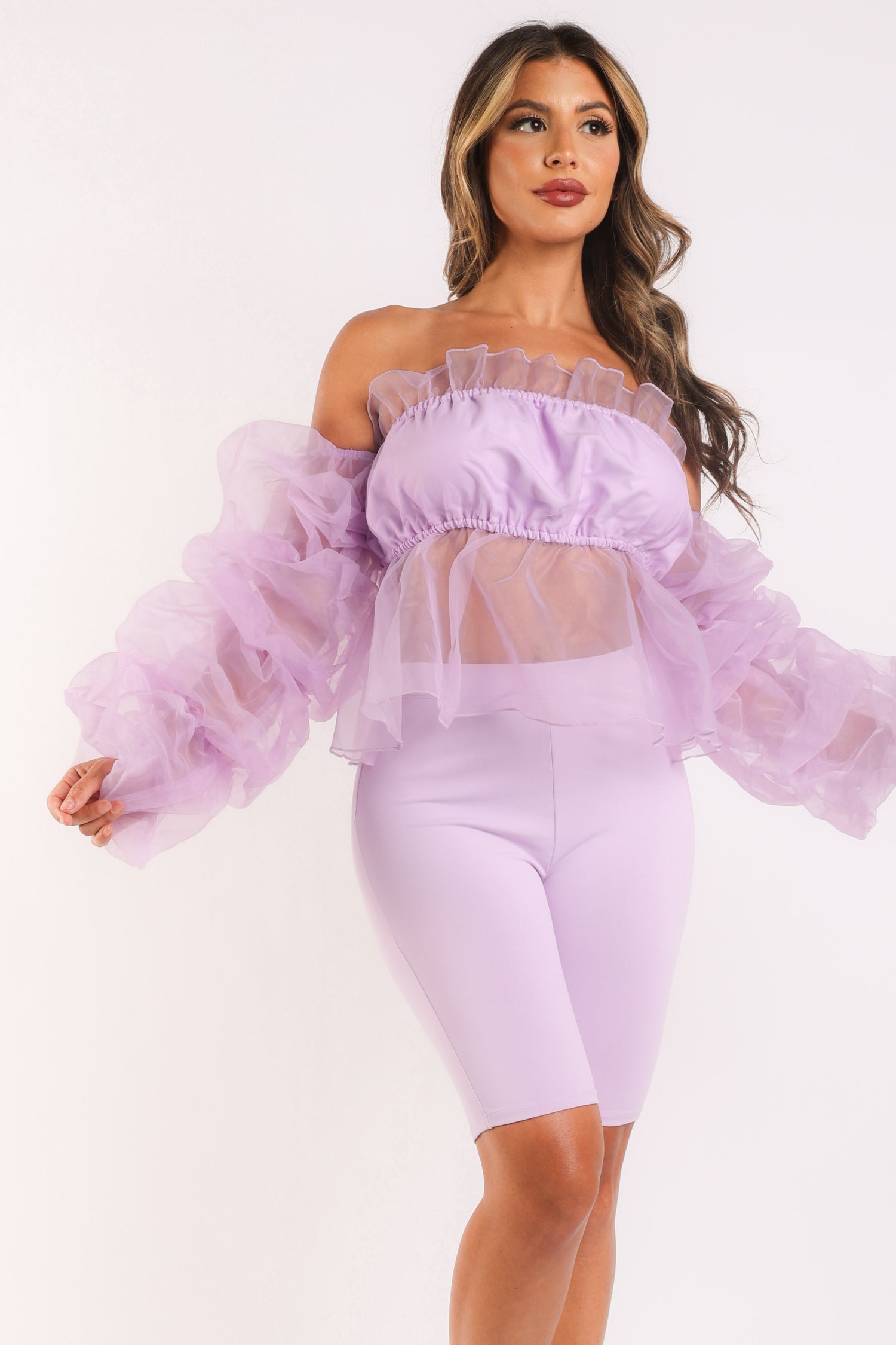 Lavender Puce Juniper sexy organza sleeve detailed top and matching shorts 2-piece set, stylish and fashionable for warm weather.