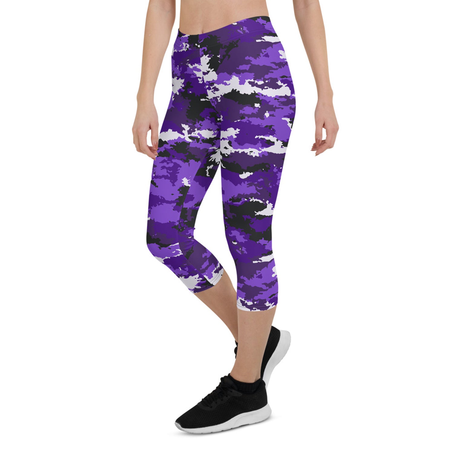 Maroon Sooty purple camo activewear capri leggings with a fitted waistband and athletic stretch fabric.