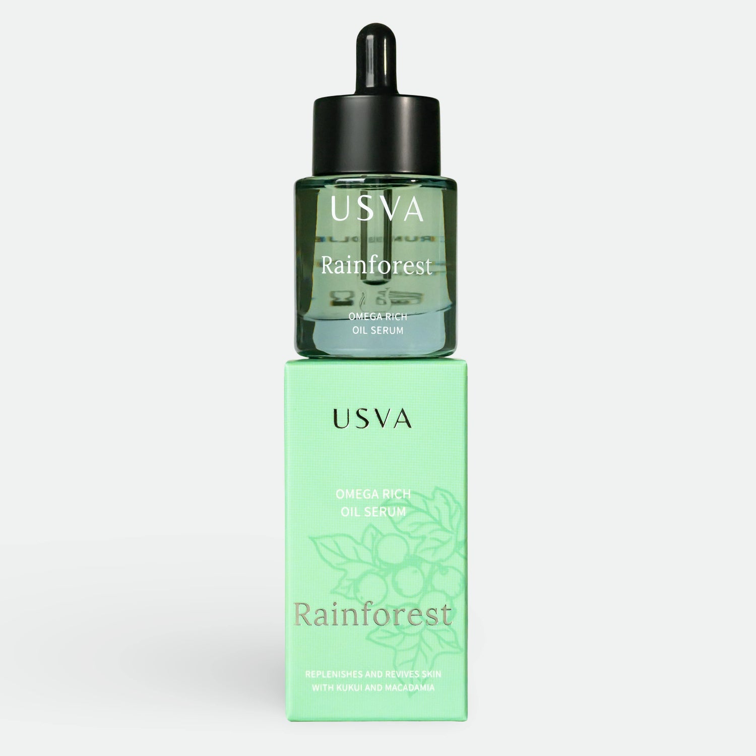 Lilac Lavender Rainforest Omega Rich Oil Serum in a glass bottle with dropper, skincare product for nourishing and revitalizing skin.
