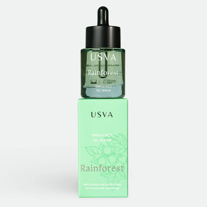 Lilac Lavender Rainforest Omega Rich Oil Serum in a glass bottle with dropper, skincare product for nourishing and revitalizing skin.