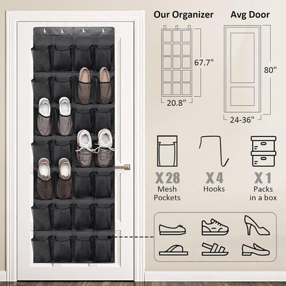 Turquoise Pandion over-door shoe storage organizer with 28 clear fabric pockets hanging on a door for closet organization.