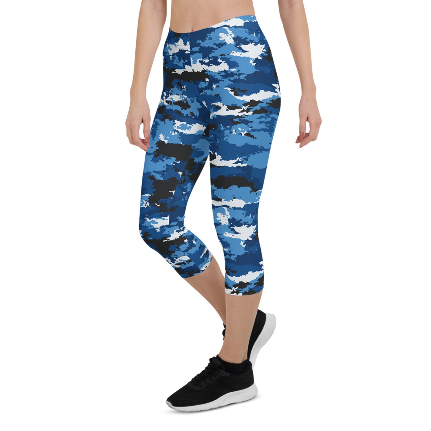 Maroon Sooty blue camo sports capri leggings with fitted design and elastic waistband, suitable for workout and active wear.