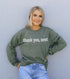 Agate Thank You Next sweatshirt featuring a cozy gray hoodie with printed text, perfect for casual wear.