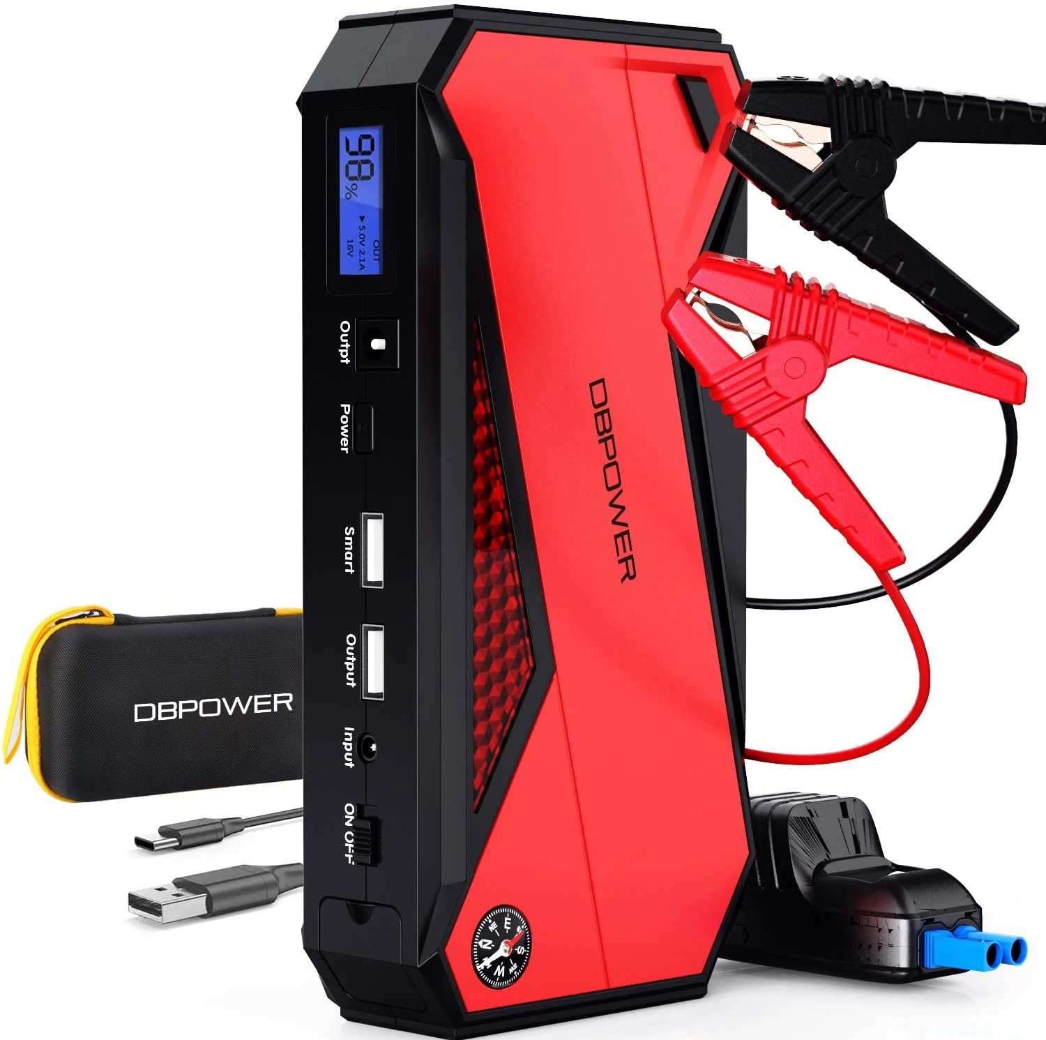 Teal Simba 800A Peak 18000mAh portable automotive jump starter battery booster with cables and digital display.