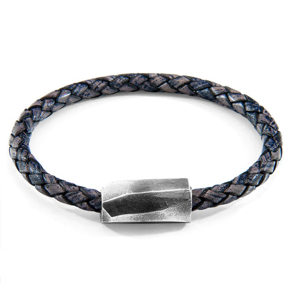Indigo blue Hayling silver and braided leather bracelet by Magenta Sooty featuring silver accents and woven leather band.