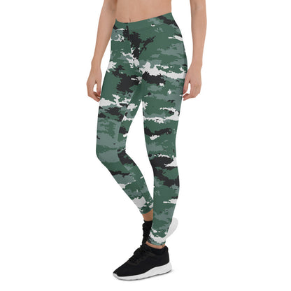 Maroon Sooty Earth Green Camo leggings for women, activewear with a bold camouflage pattern and comfortable fit.