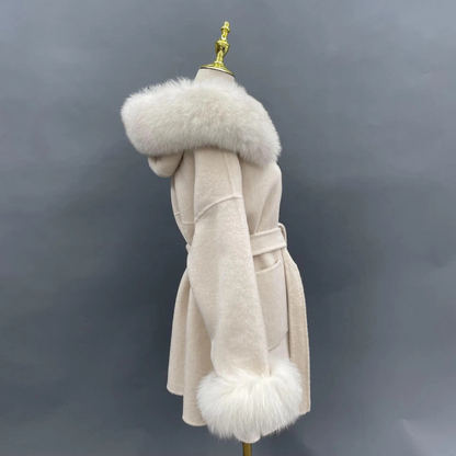 Carmine Juneberry oversized wool coat with fur collar and hood, double-sided design, stylish and warm for winter wear