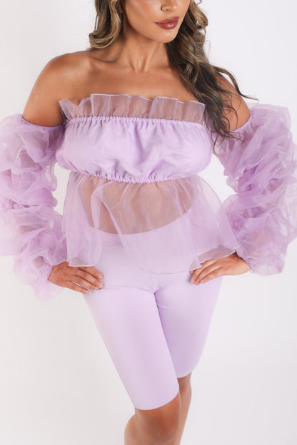 Puce Juniper sexy organza sleeve detailed top and matching shorts 2-piece set in lavender, stylish and lightweight for casual wear