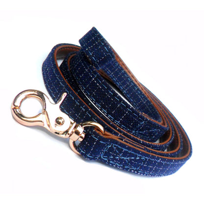 Blue denim fabric dog leash from Salmon Oscar, durable pet lead in a classic denim style with metal clip for secure attachment.