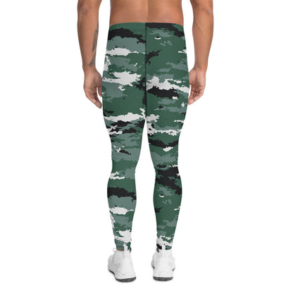 Maroon Sooty Earth Green Camo Men’s activewear leggings with a camouflage pattern, designed for comfort and movement.