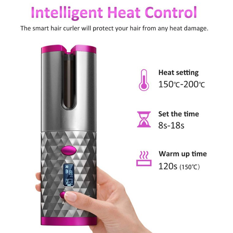 Lilac Milo LCD display cordless rotating hair curler with rollers, featuring a sleek design for easy styling in Bath &amp; Beauty.