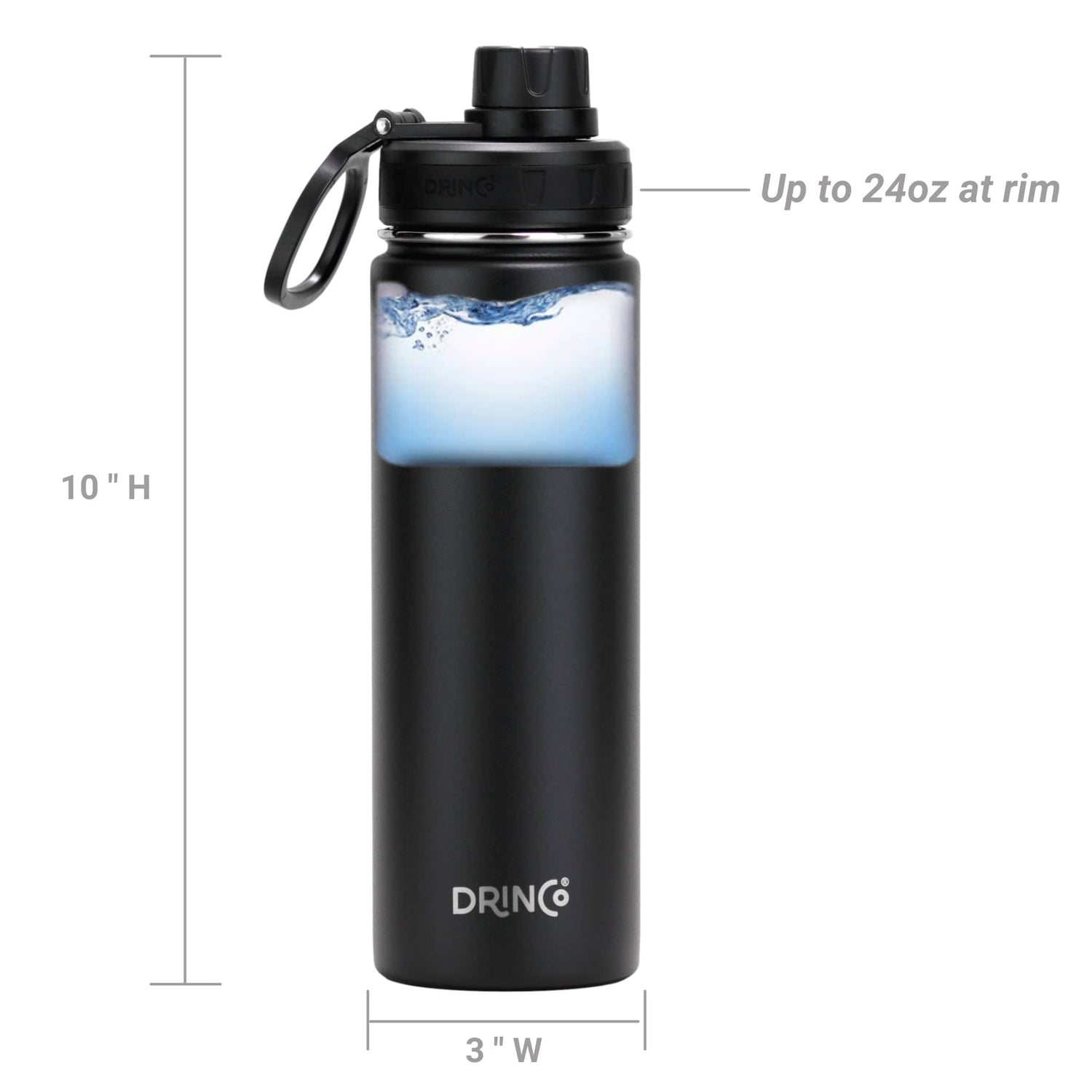 Black DRINCO® 22oz stainless steel sport water bottle by Orchid Lavender, featuring a sleek design and sports cap for hydration.