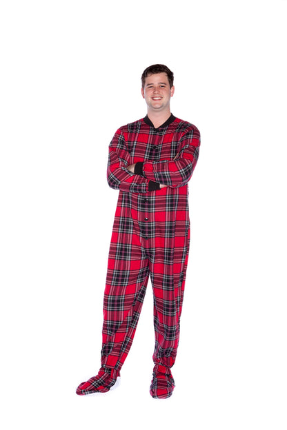 Red and black plaid adult footed onesie pajamas by Silver Chronos, designed for men and women, showing the full cozy outfit.
