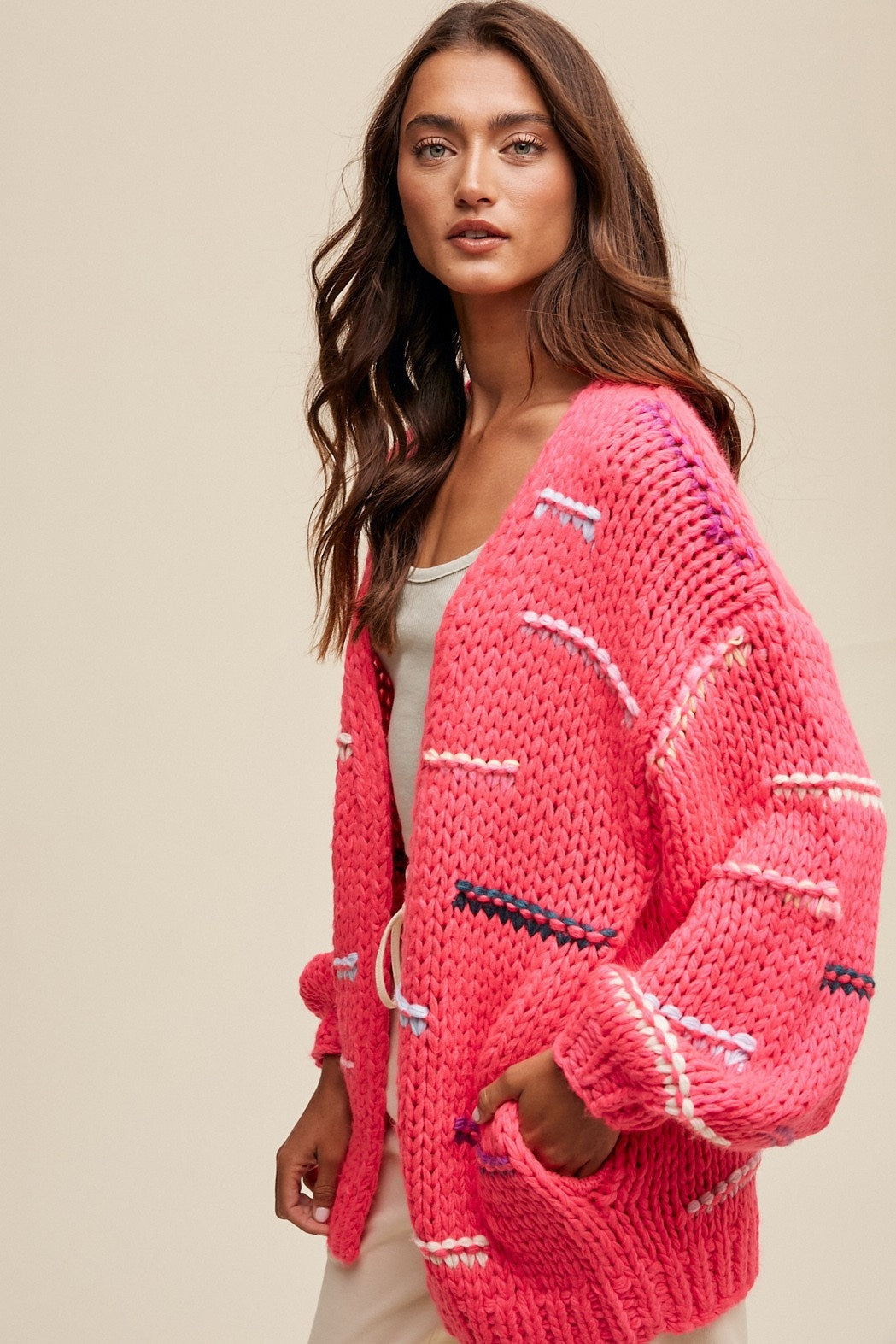 Hand-crochet boho open-front chunky cardigan sweater by Champagne Erebus, featuring a relaxed fit and intricate open-knit design.