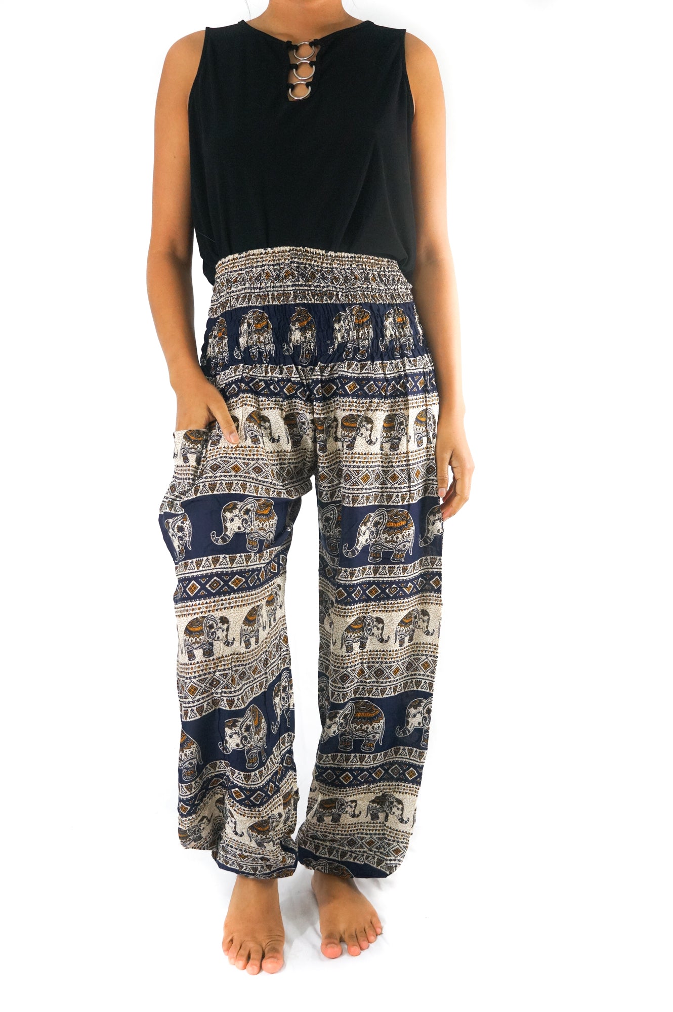 Dark blue ELEPHANT Women harem pants by Tan Smokey featuring boho and hippie style, with relaxed fit and patterned design.