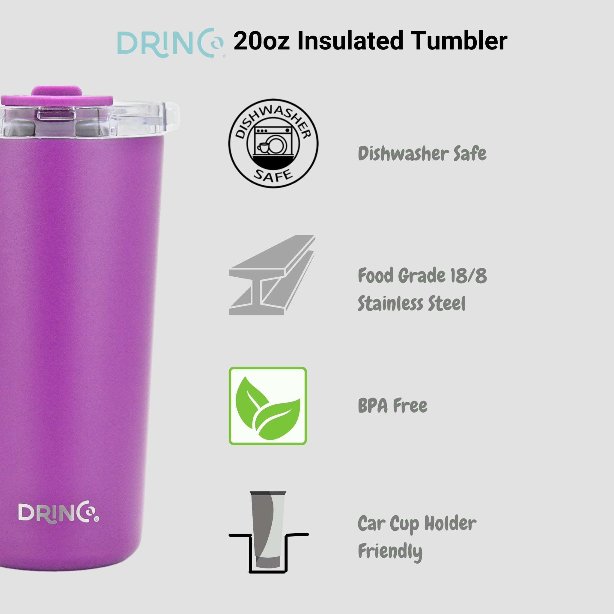 Orchid Lavender DRINCO® 20oz purple insulated tumbler with spill-proof lid and two straws for hot or cold drinks.