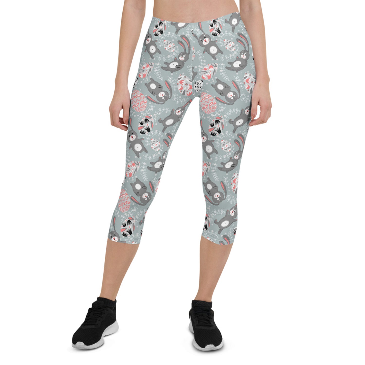 Maroon Sooty Easter Bunny Capri Leggings for women featuring cute bunny prints, activewear designed for comfort and style.