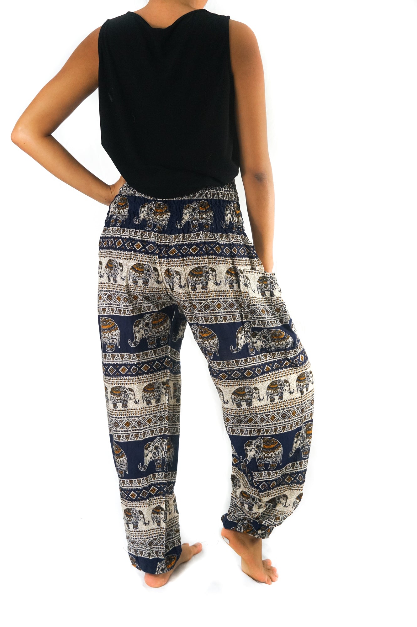 Dark blue ELEPHANT Women harem pants by Tan Smokey featuring boho and hippie style with relaxed fit and intricate patterns.
