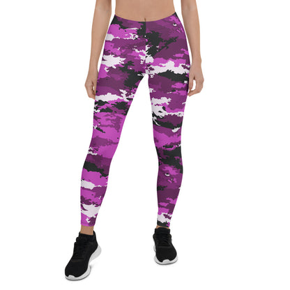 Pink and purple camo leggings for women by Maroon Sooty, featuring vibrant activewear with a bold camouflage pattern.