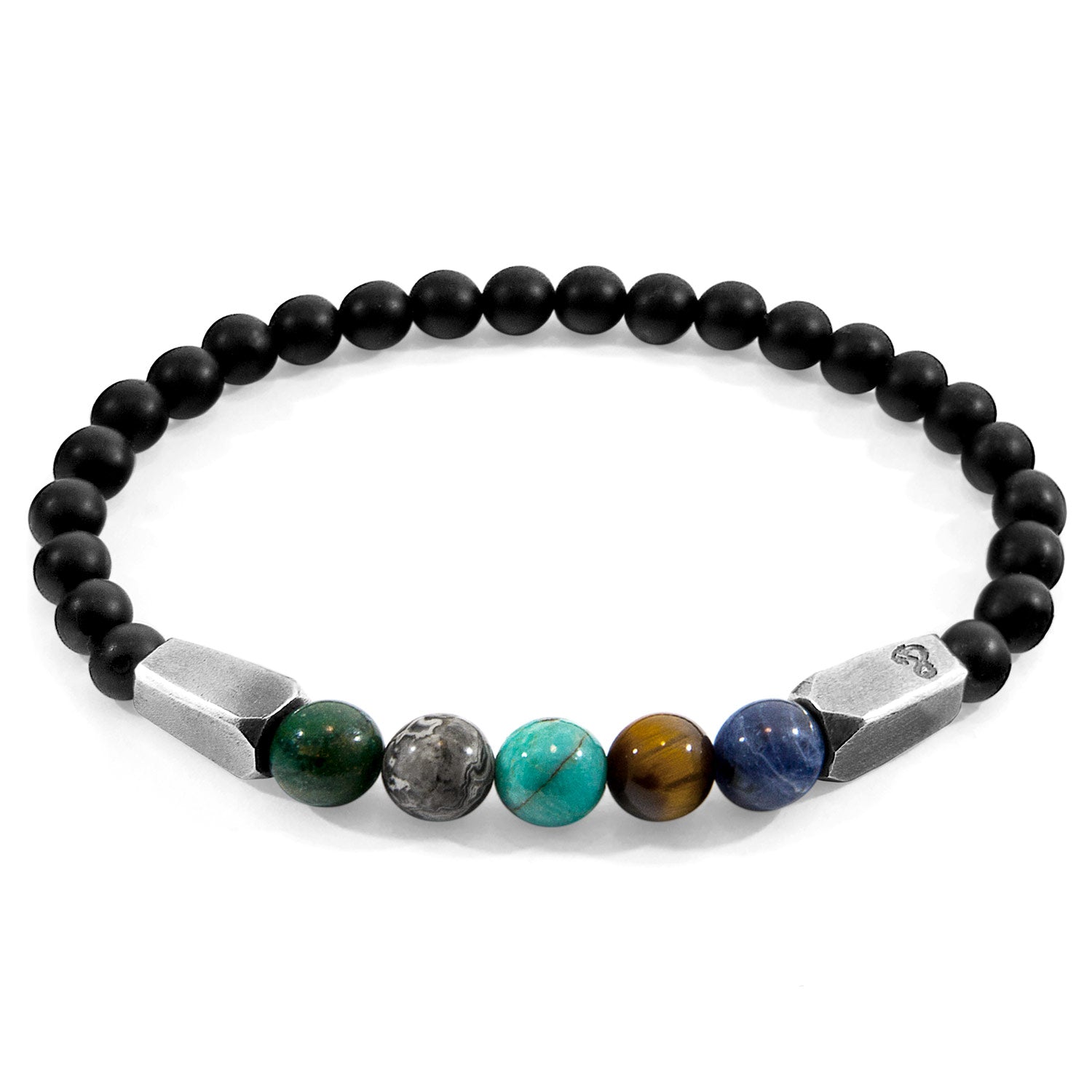 Multicoloured multi-gem Hukou silver bracelet with stones, featuring intricate design and vibrant gemstone accents.