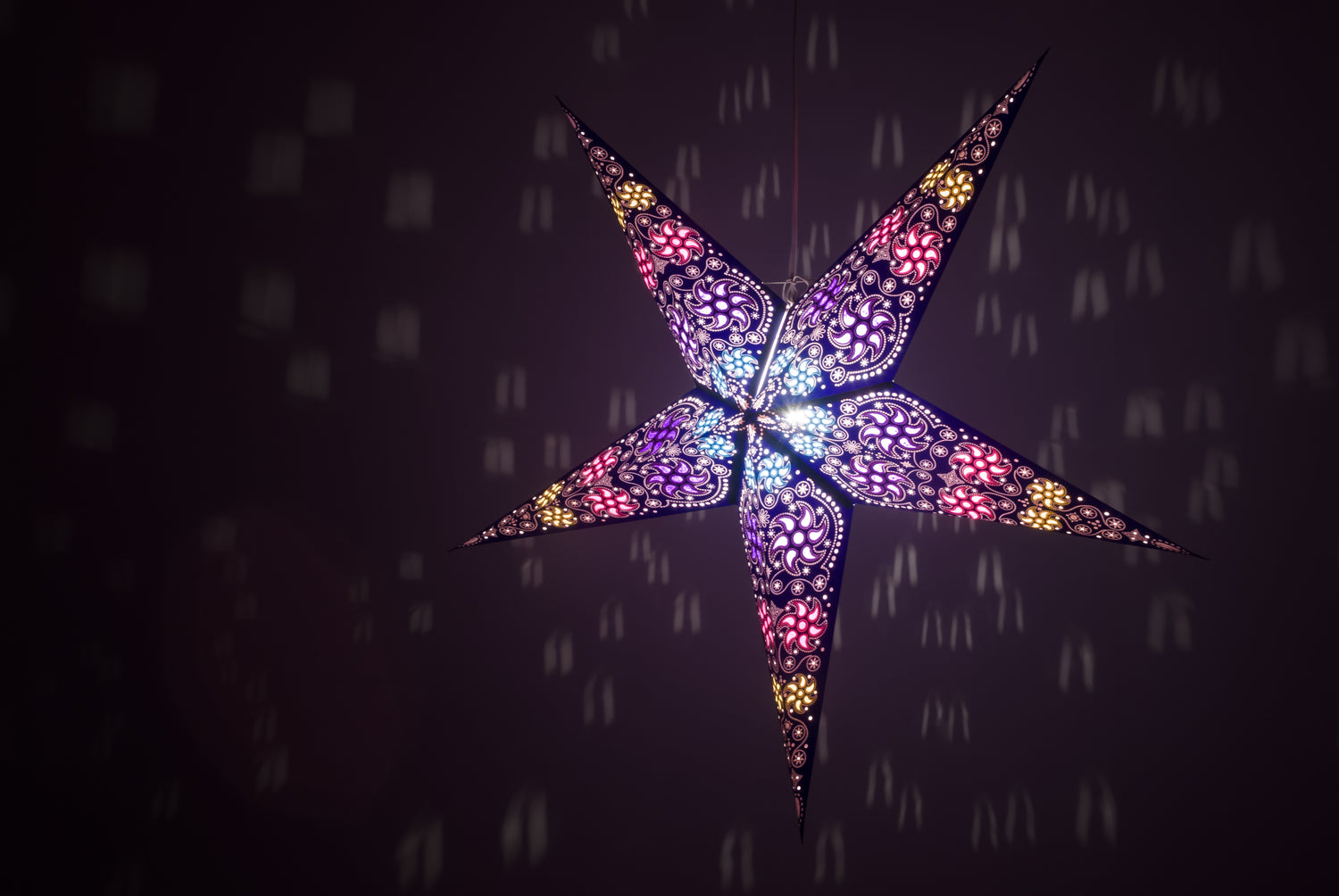 Violet XL handmade paper star lantern with five points, decorative lighting by Sky Blue Simba, perfect for festive décor.