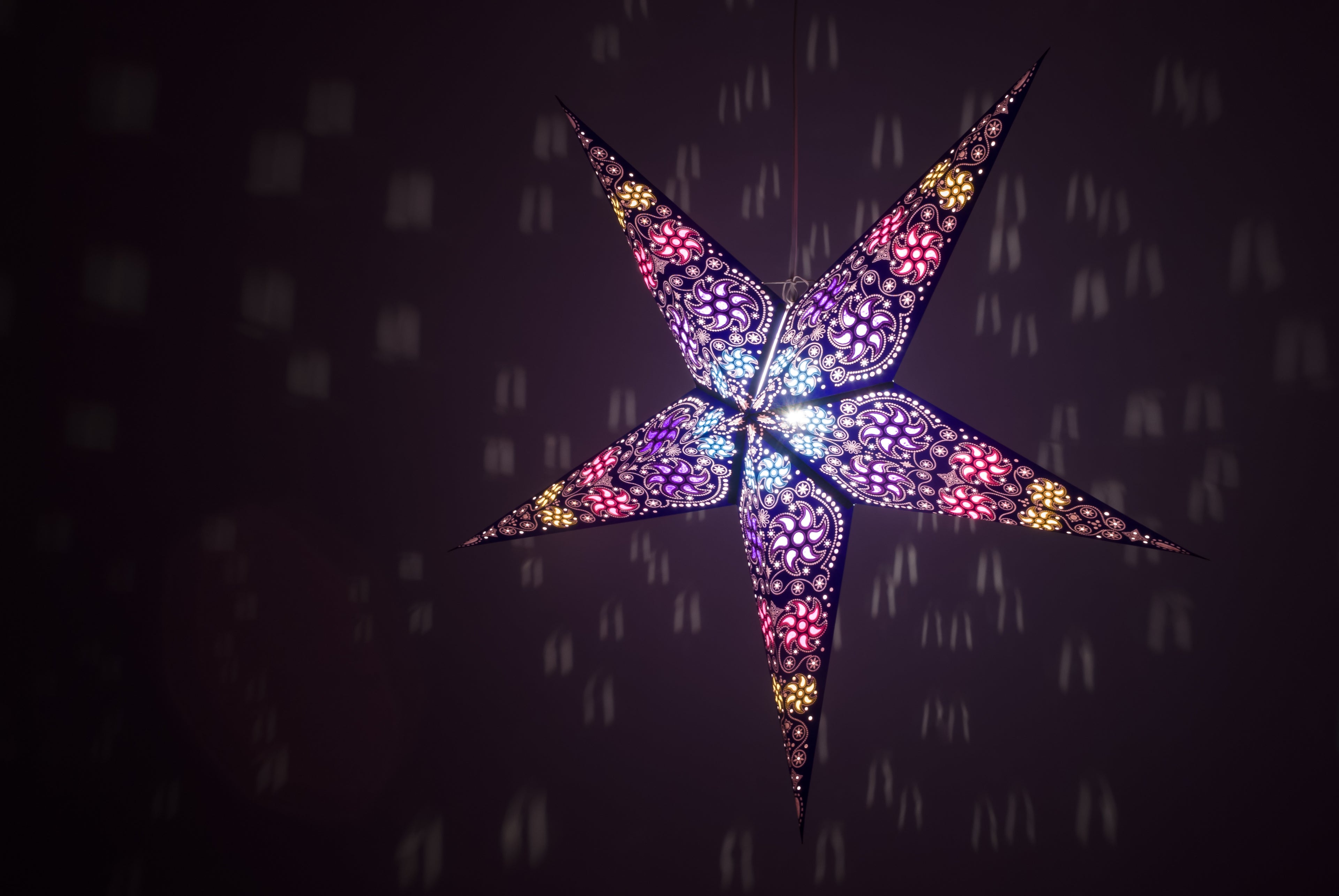 Violet XL handmade paper star lantern with five points, decorative lighting by Sky Blue Simba, perfect for festive décor.
