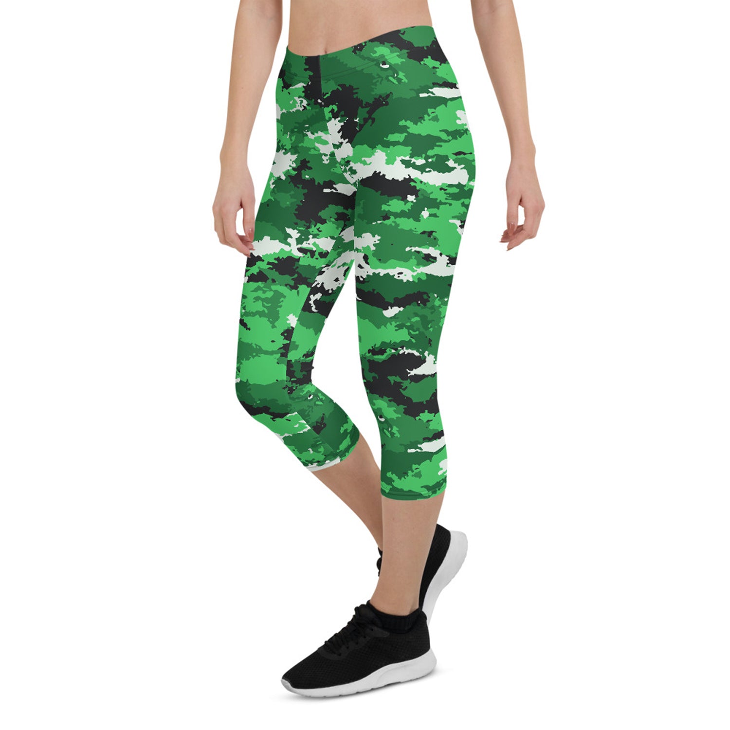 Green camo Maroon Sooty activewear capri leggings with stretchy fabric and comfortable fit, shown on a person in a workout pose.