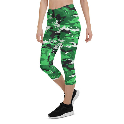 Green camo Maroon Sooty activewear capri leggings with stretchy fabric and comfortable fit, shown on a person in a workout pose.