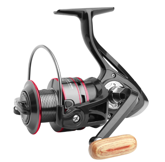 Teal Simba 8KG spinning reel handle and line spool for fishing, showing the reel&