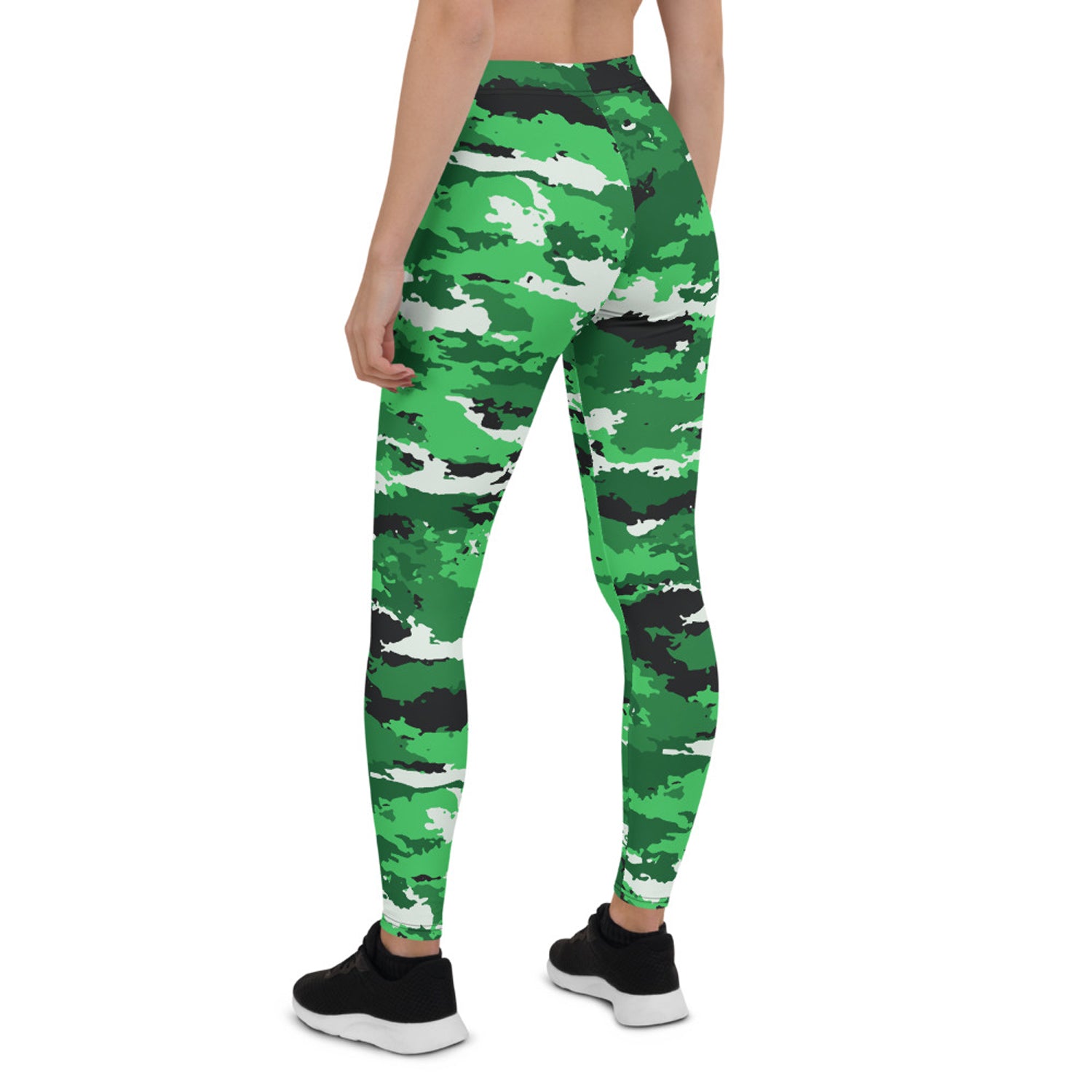 Green camo activewear leggings for women by Maroon Sooty, featuring a stretchy fabric and camouflage pattern suitable for workouts.