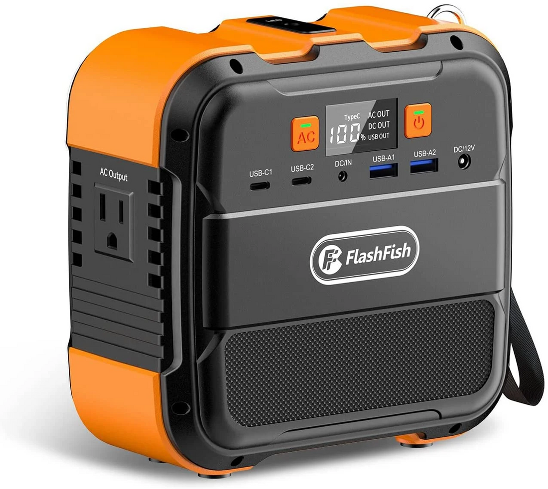 Lilac Milo 98Wh portable power station with multiple charging ports and digital display, used as emergency tech power supply.