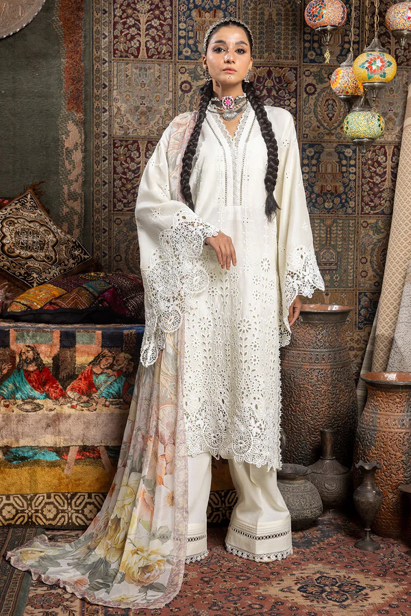 Cream white Salwar Kameez with contrast digital printed cotton dupatta, women&