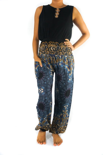 Blue Mandala boho pants for women by Tan Smokey, featuring a relaxed fit, vibrant mandala pattern, perfect for yoga and casual wear.