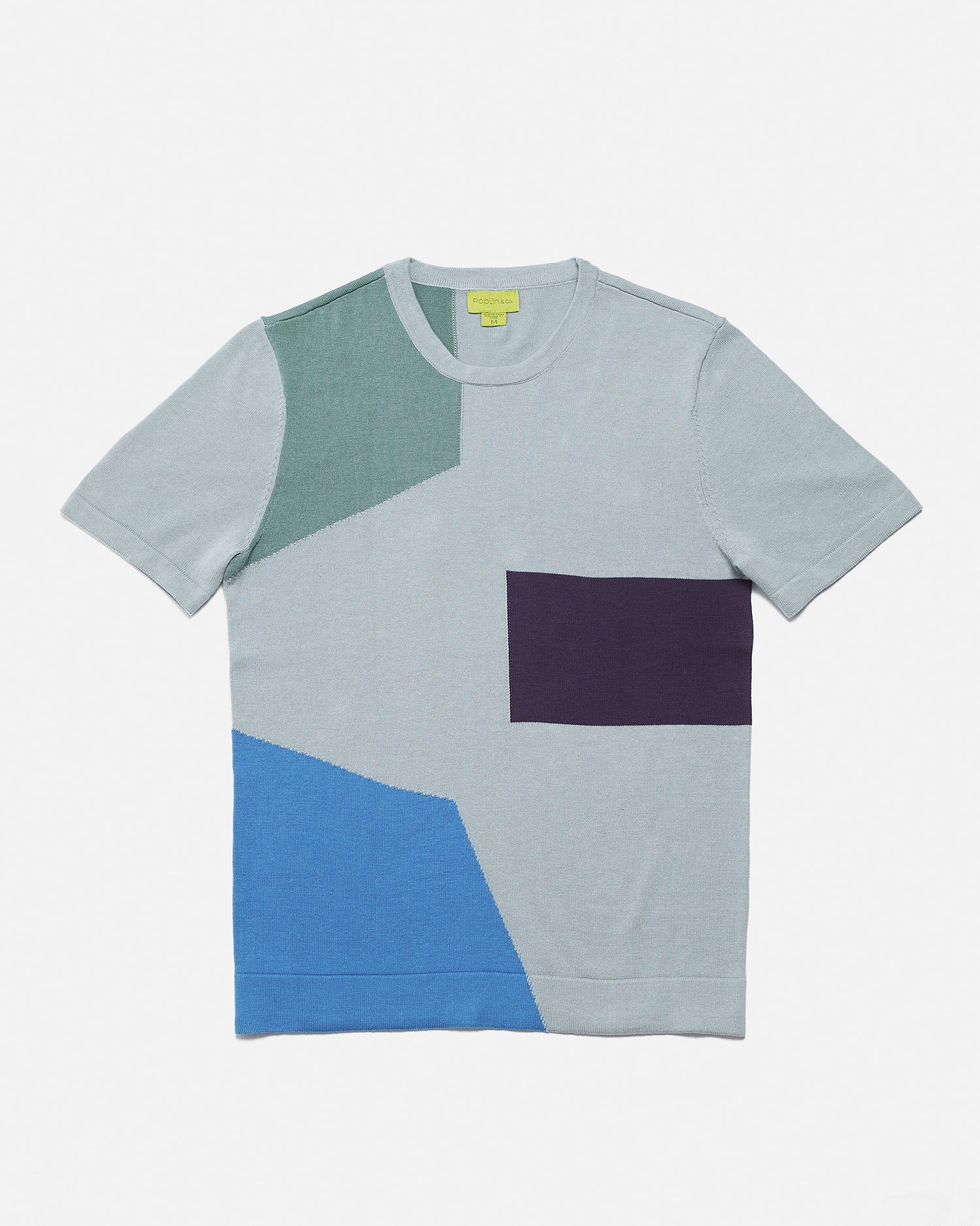 Violet Castor crew neck multicolored short sleeve knit T-shirt with an art deco pattern, featuring vibrant geometric designs.