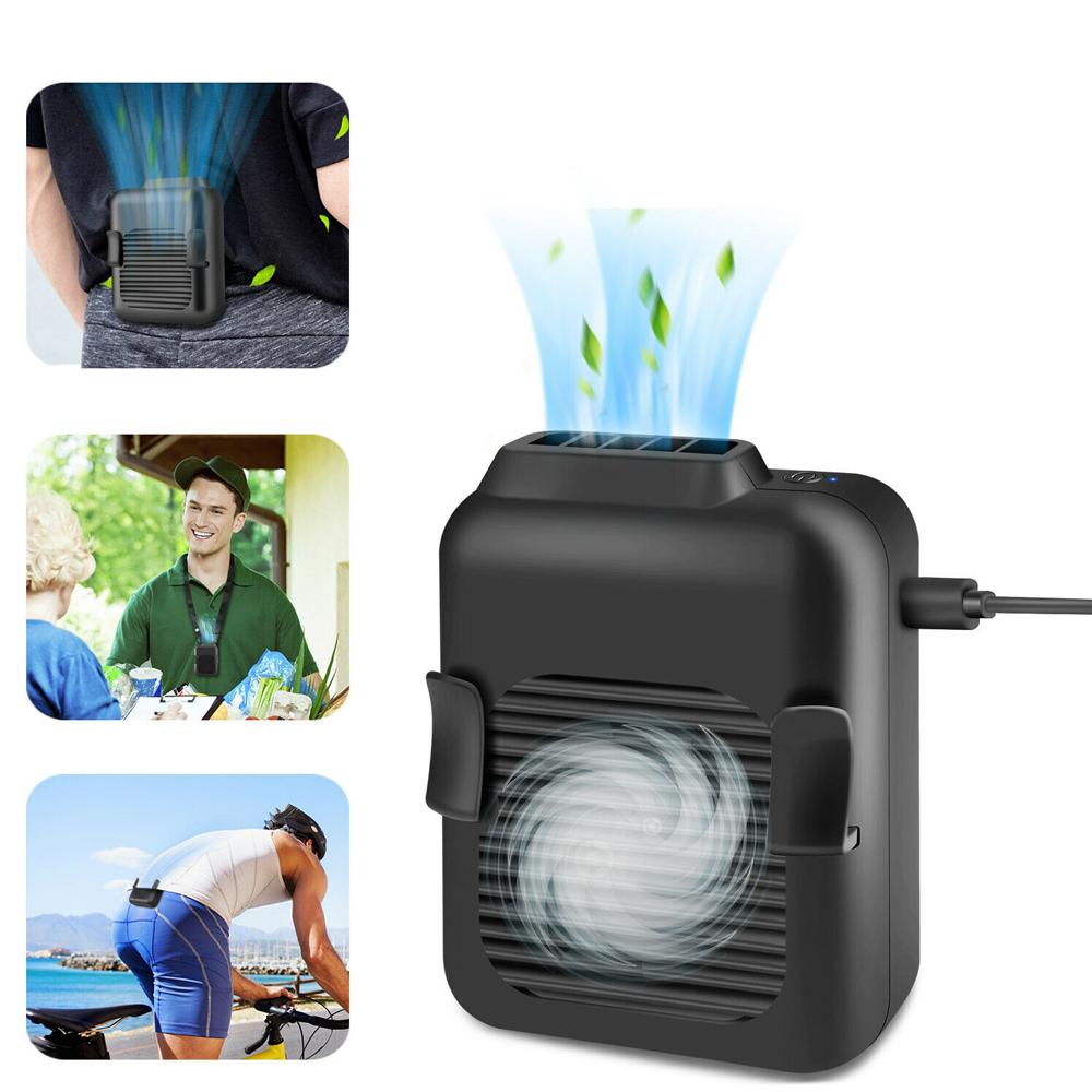 Yellow Pandora portable compact cooling fan hanging handsfree with waist clip, ideal for outdoor sports and activities