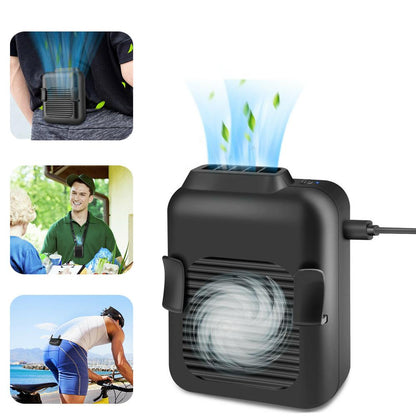 Yellow Pandora portable compact cooling fan hanging handsfree with waist clip, ideal for outdoor sports and activities