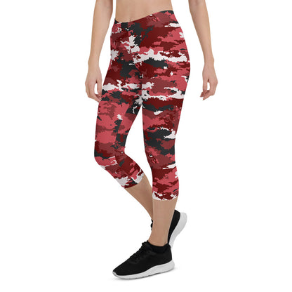 Maroon Sooty red camo activewear capri leggings with a fitted waistband and vibrant camouflage pattern.
