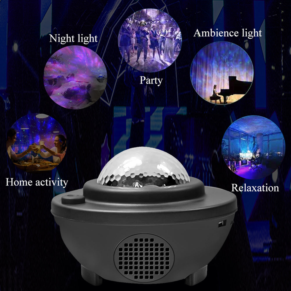 Colorful starry sky galaxy projector with Bluetooth speaker from Teal Simba, showing vibrant lights and sleek design.