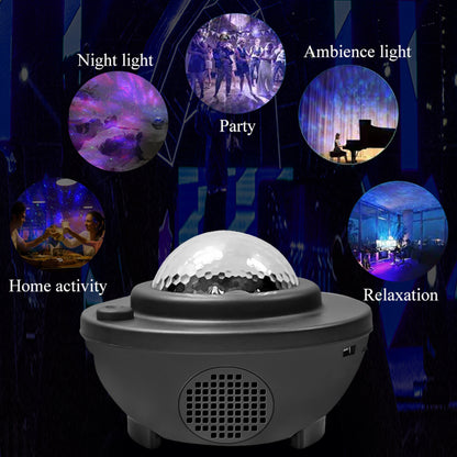 Colorful starry sky galaxy projector with Bluetooth speaker from Teal Simba, showing vibrant lights and sleek design.
