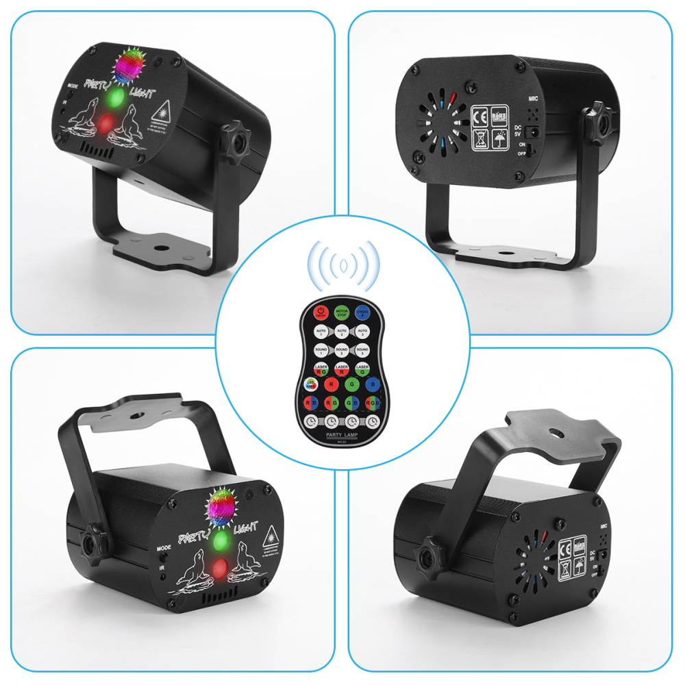 Mini RGB disco light LED laser stage projector by Teal Simba with colorful lighting effects for parties and events.