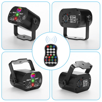 Mini RGB disco light LED laser stage projector by Teal Simba with colorful lighting effects for parties and events.
