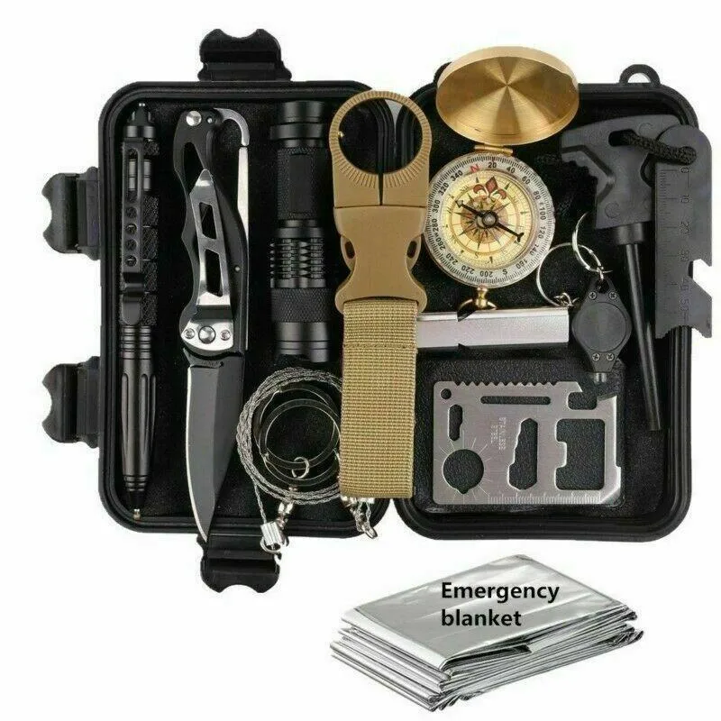 Lilac Milo 14-in-1 outdoor emergency survival gear kit with camping tactical tools for outdoor adventures and emergencies.