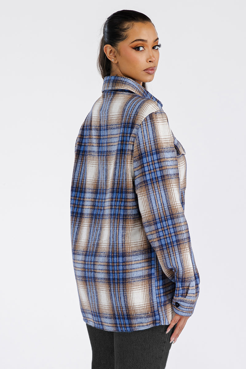 Boyfriend oversized soft flannel shacket by Lime Milo, shown in a cozy, relaxed fit with a button-up front and plaid pattern.